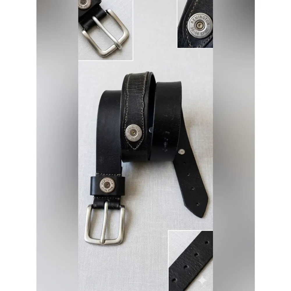 Remington 12 Gauge Shotgun Shell Black Leather Mens Belt Size 34